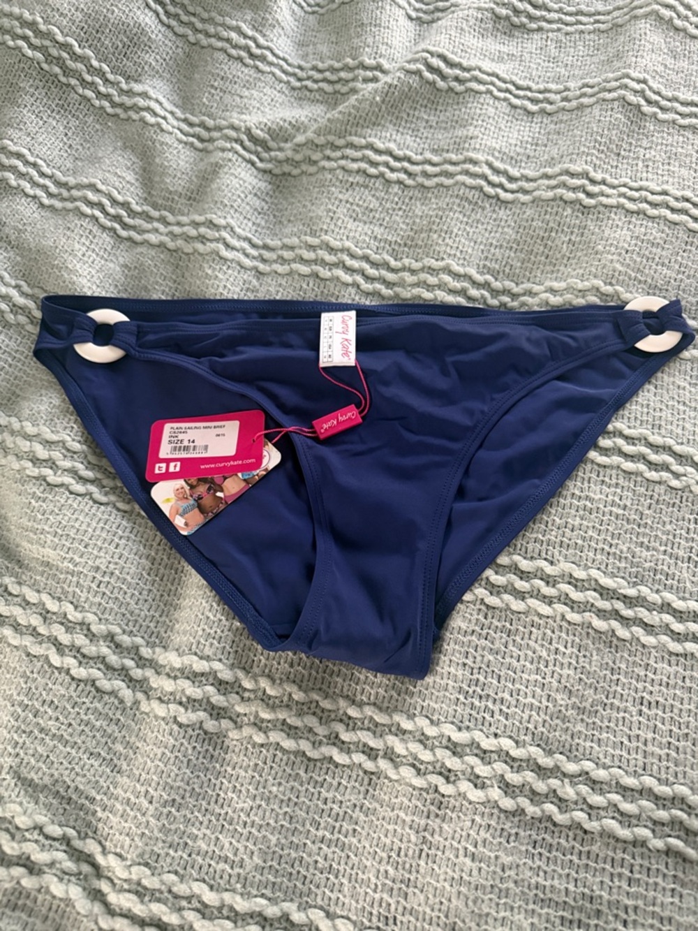 Curvy Kate Deep Blue Bikini Bottom with White Ring Details